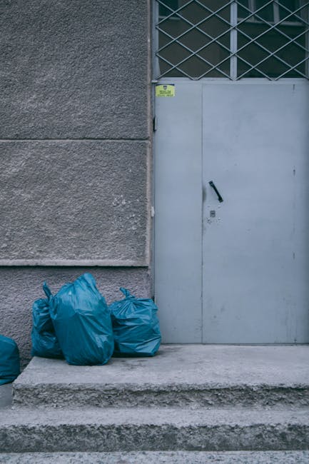 Four blue plastic rubbish bags are placed on a concrete step in front of a metal door painted light grey, set into a dark grey textured wall with a slightly rough finish. The bags are tightly tied at the top and appear full, with some slight creasing in the plastic. To the right of the bags, the door features a black handle and a keyhole, and above it, a metal grid window with diagonal crossbars is partially visible. The setting appears to be outside a building, with the bags positioned near the entrance or loading area, suggesting waste awaiting collection or disposal. The scene is lit with natural light, casting soft shadows on the ground and emphasizing the utilitarian environment, consistent with private waste handling or rubbish clearance activities that companies like [COMPANY_NAME] might undertake for local businesses. The surrounding surfaces include the concrete steps and the adjacent textured wall, providing a neutral, functional backdrop for the waste accumulation visible in this scene.
